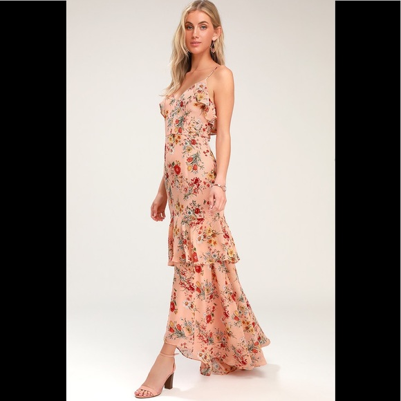 BLUSH PINK FLORAL PRINT RUFFLED HIGHLOW MAXI DRESS - Picture 1 of 4